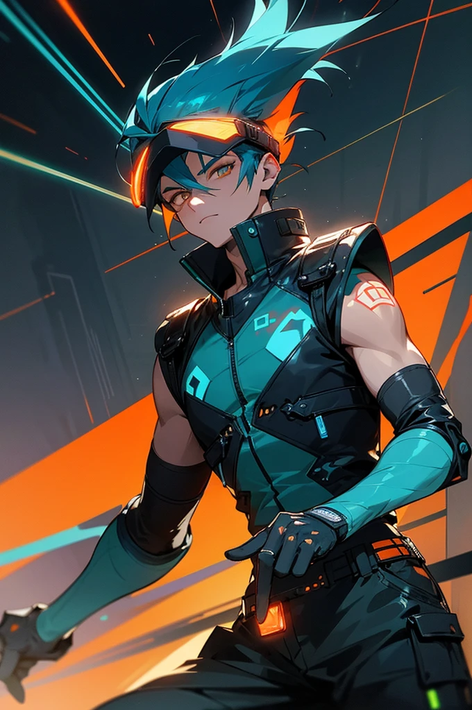 1male, teal blue hair, styled in a spiked undercut, bright orange eyes, intense focus, high-tech visor over his eyes, dark leather vest with glowing circuit patterns, black cargo pants, combat boots, futuristic urban background with holographic ads and bustling streets, detailed face, hands to side, standing on path