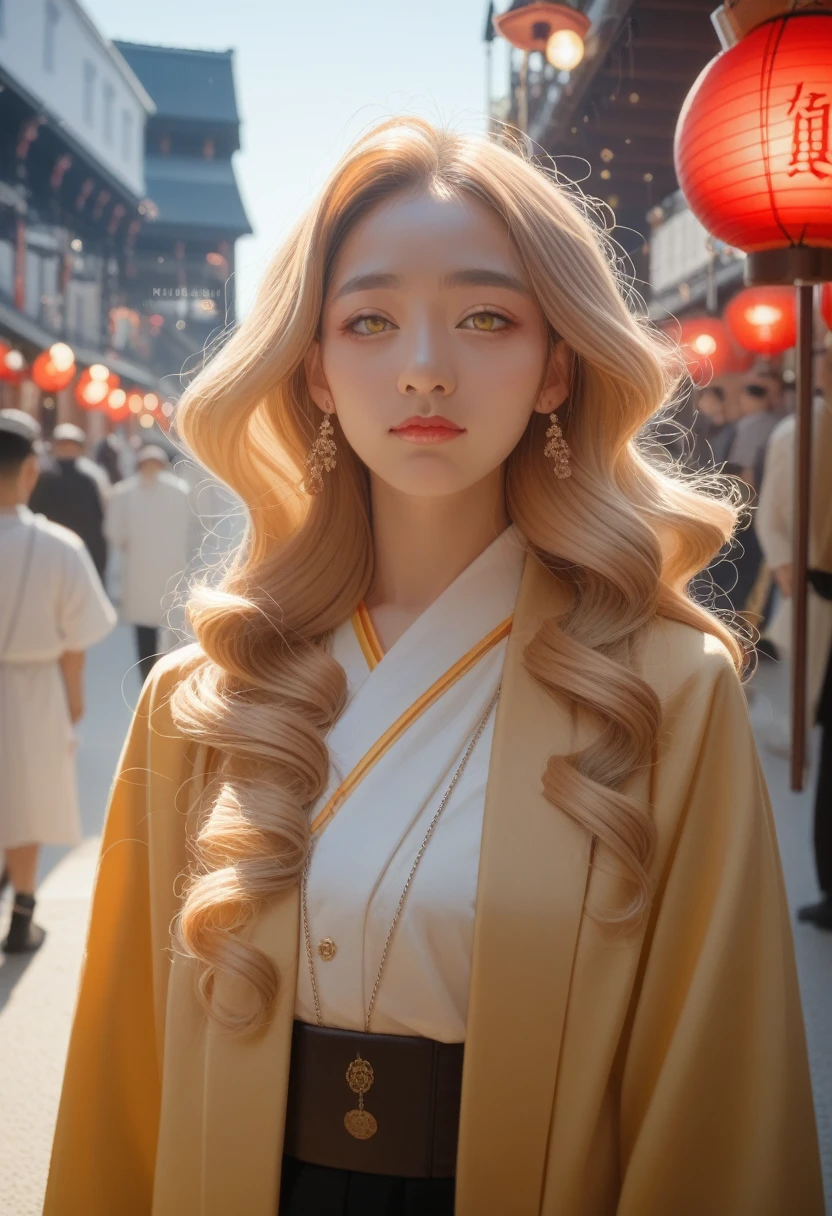 score_9_up, score_8_up, score_7_up,girl, Flowing blond hair, Yellow eyes, Golden Imperial Clothes, Neckline, Japanese cartoons, Clear sky in the background,Flashing lights, Dynamic Angle, Arrogant laughter