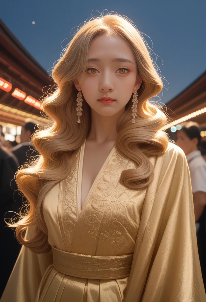 girl, Flowing blond hair, Yellow eyes, Golden Imperial Clothes, Neckline, Japanese cartoons, Clear sky in the background,Flashing lights, Dynamic Angle, Arrogant laughter