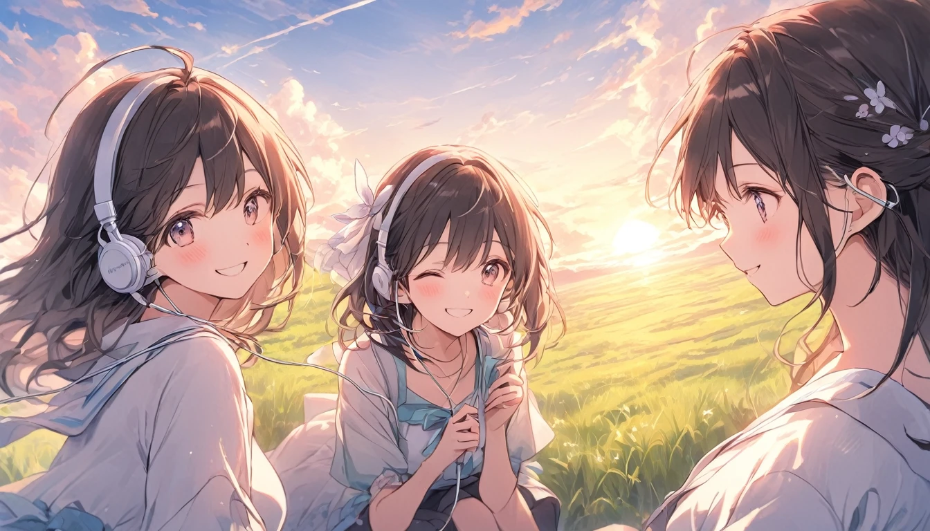 Listening to music with earphones、Smiling woman、A beautiful sunset seen from the plateau、The grass on the plateau sways in the wind。