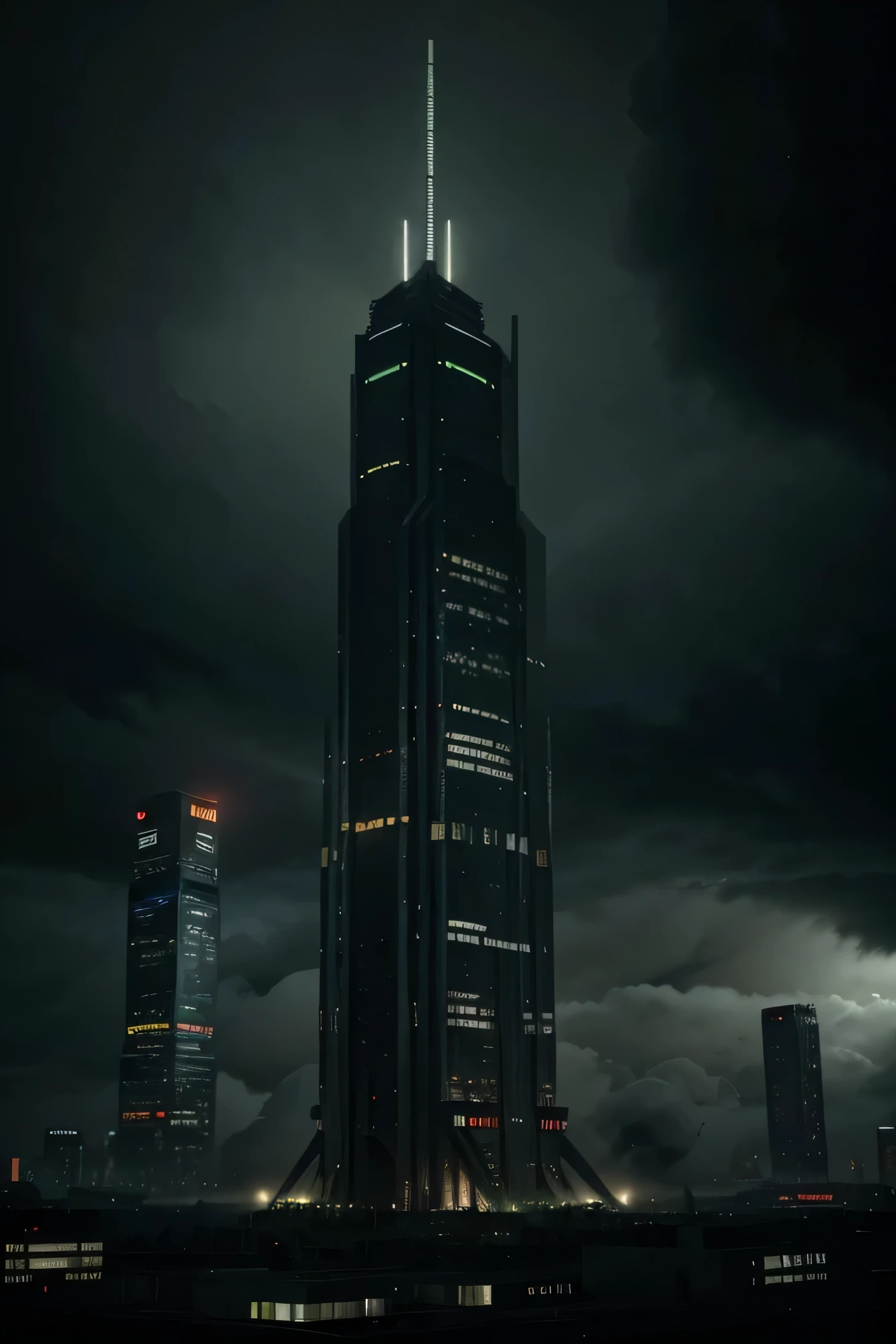 A dark and gigantic monolithic-like dramatic futuristic skyscraper in brutalist style with window lines, set in a dark, cyberpunk green palette. The windows should glow bright green in a cyberpunk style The scene should be futuristic, featuring bold shapes and colors that evoke a sense of movement and modernity. The atmosphere should be dark and ominous, with intricate details, a visually captivating aesthetic, and a dramatic ambiance. The skyscraper should stand out prominently against the background of other futuristic elements, with low clouds adding to the eerie and mysterious feel.