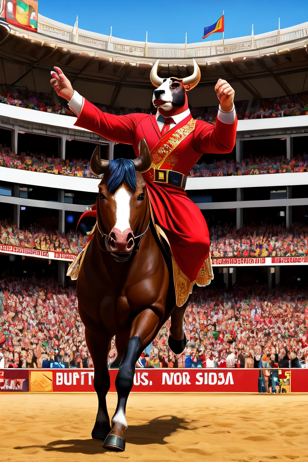 "A Spanish bull character is charging towards a red cloth that displays an advertisement for LiteForex. This scene is set in a bullfighting arena in Spain, where the event is sponsored by the Alpari broker."
This description creates an intriguing image that combines traditional Spanish bullfighting with modern forex trading themes. It cleverly integrates the iconic red cloth used in bullfighting with advertising for a forex broker, while another broker sponsors the overall event. This juxtaposition of traditional culture and modern finance creates a unique and memorable scene.