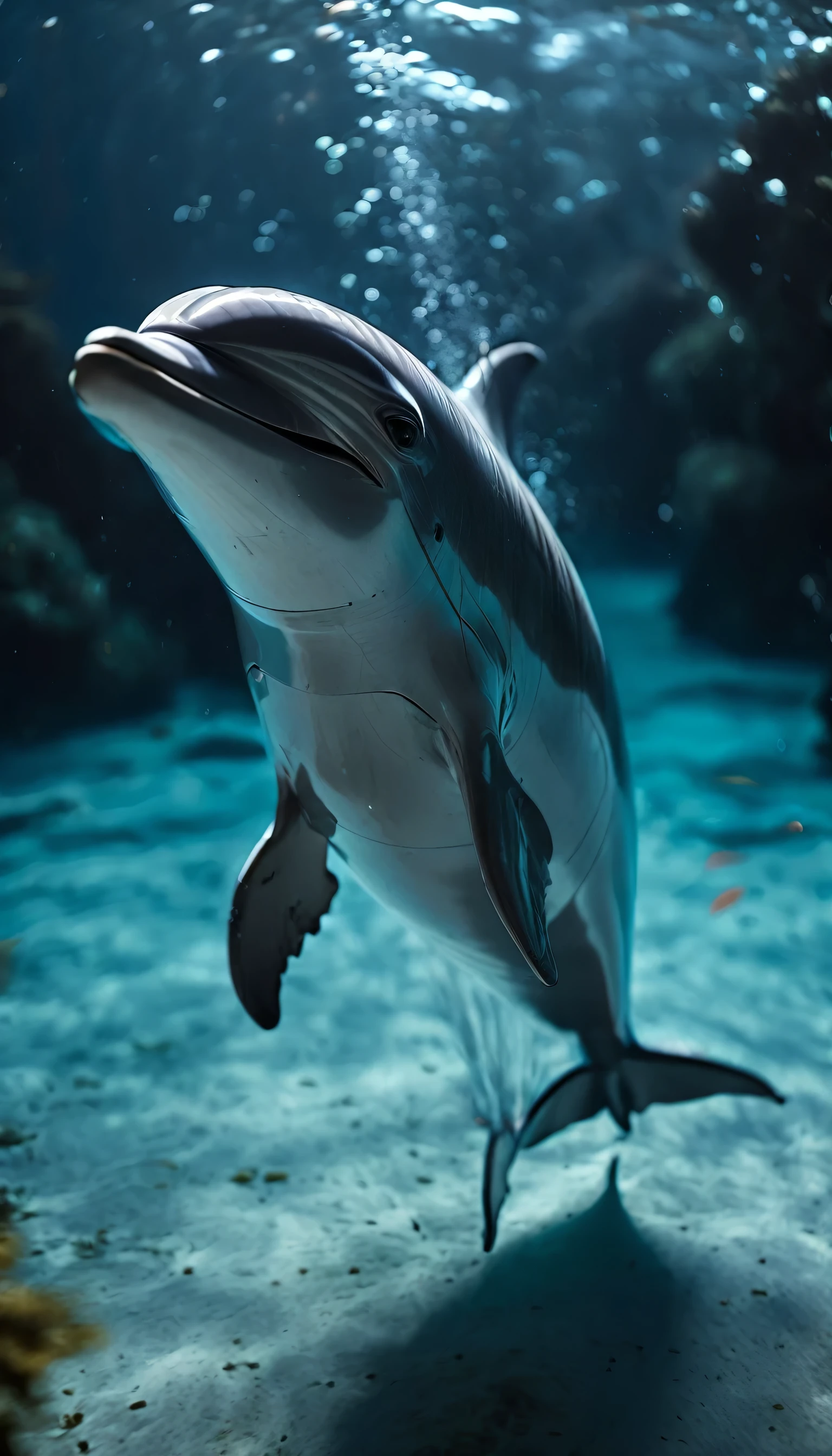 A detailed image of "a dolphin swimming" at "under the sea" during "late night", taken with a cinematic camera, using portrait with cinematic lighting --ar 9:16 --s 1000 --v 6