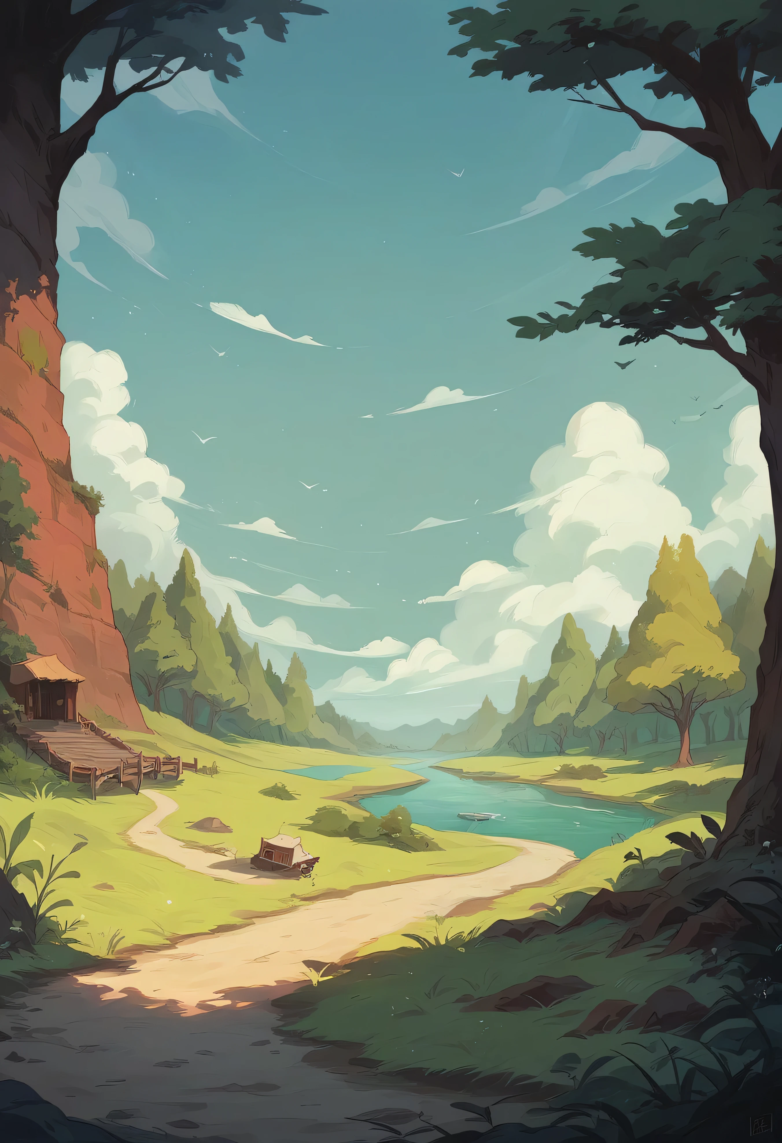 Anime scenery of a distant town and a long road, There is a river and a forest