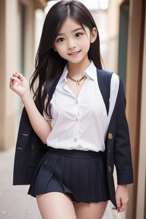 masterpiece, Highest quality, 8k, Young and beautiful girl, 、Clothed small breasts、((((I can see your chest))))((((((10 years Small breasts:1.3)), photo shoot, Cute Face, Thighs,、smile, 10 generations, Detailed face, Background blur、Long Hair、Black Hair、Small breasts、Tight waist,(((((Small breasts))))mini skirt((White collared shirt))mini skirt、Navy Pleated Skirt、high school girl、necklace