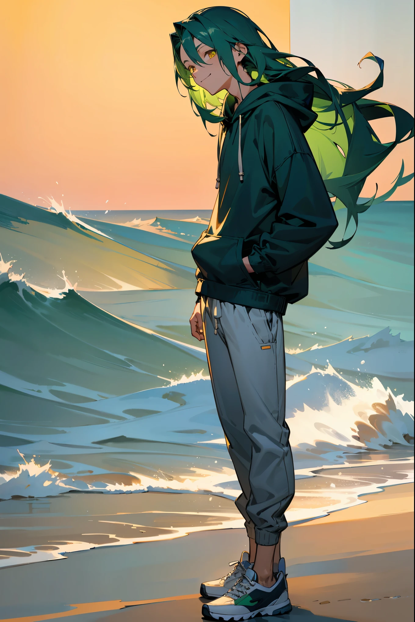 1male, deep green hair, slightly long and tousled, golden eyes, relaxed smile, casual navy blue hoodie, gray joggers, white sneakers, minimalist wristwatch, beach background with waves crashing and a clear sky, detailed face, hands to side, standing on path