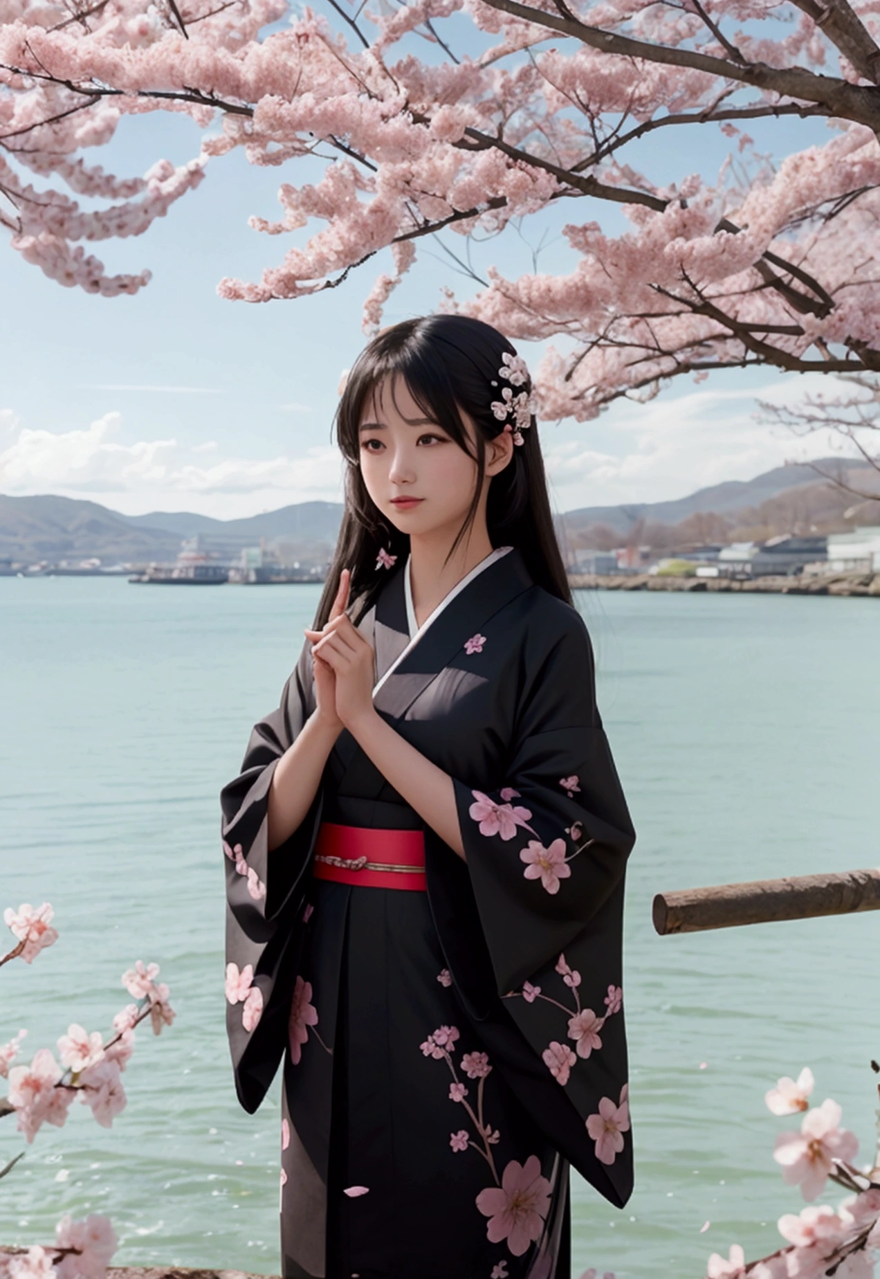 1girl,black hair, floating hair, seaside,scenery,landscape,cherry blossoms, falling petals, sunbeam,god rays,upper body,  RENGE,DRESS,KIMONO