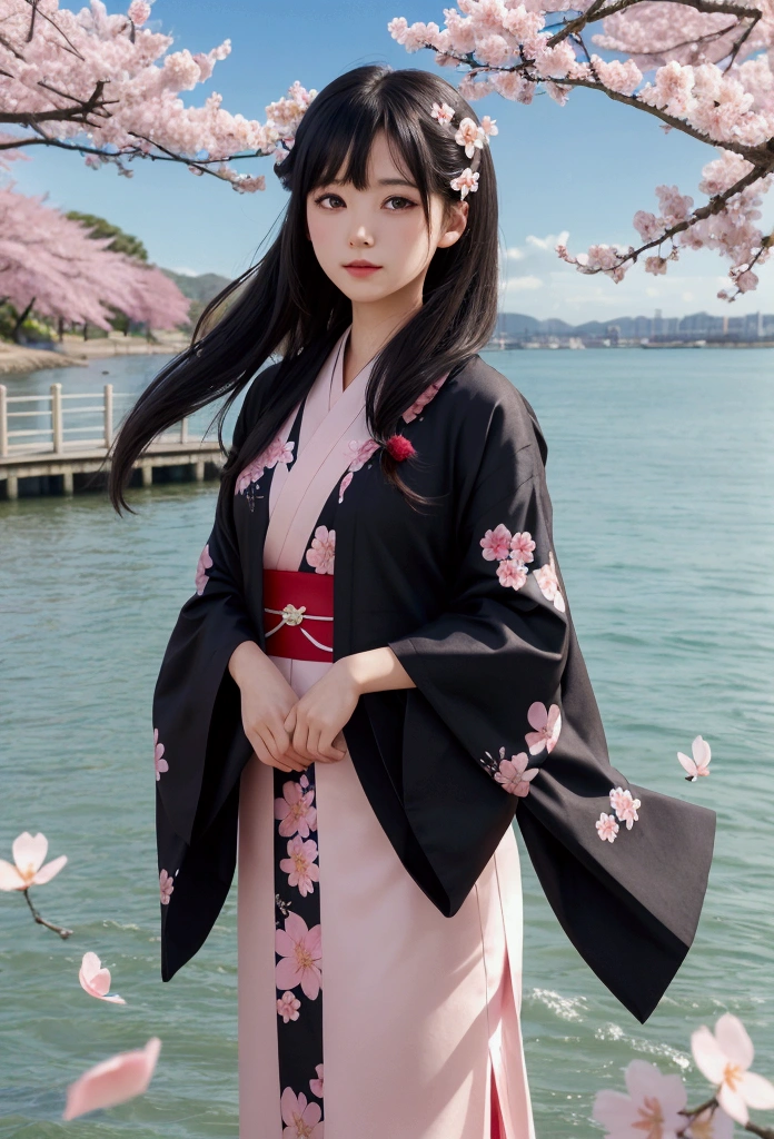 1girl,black hair, floating hair, seaside,scenery,landscape,cherry blossoms, falling petals, sunbeam,god rays,upper body,  RENGE,DRESS,KIMONO