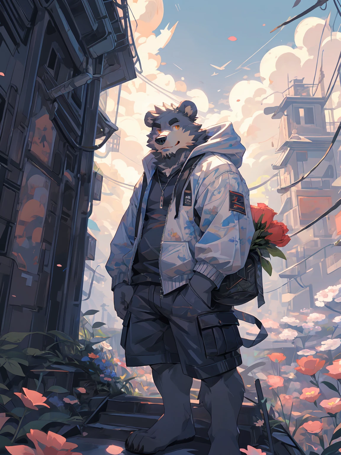 ultra-detailed,extremely detailed and beautiful, sky and white cloud and sunset glow background,ultra-detailed birds, (floating city in bloom, Floating petals, blooming gardens in the sky, many vines on the wall:1.2),Imagination,(masterpiece:1.2), best quality,pixiv,official art,perfect anatomy, (Ray tracing, light),solo, (1_male:1.3) , (muscle), (grey fur:1.4), (muscle bear), (beard:1.2), (gleaming golden eyes), bear tail,Thick black eyebrows,(open hoodie :1.3),(naked inside:1.2),cargo shorts, (pure white background: 1.3), looking at viewer,dynamic pose, (holding a bouquet:1.3),(flower:1.3),(leaves:1.3),(portrait:1.3)
