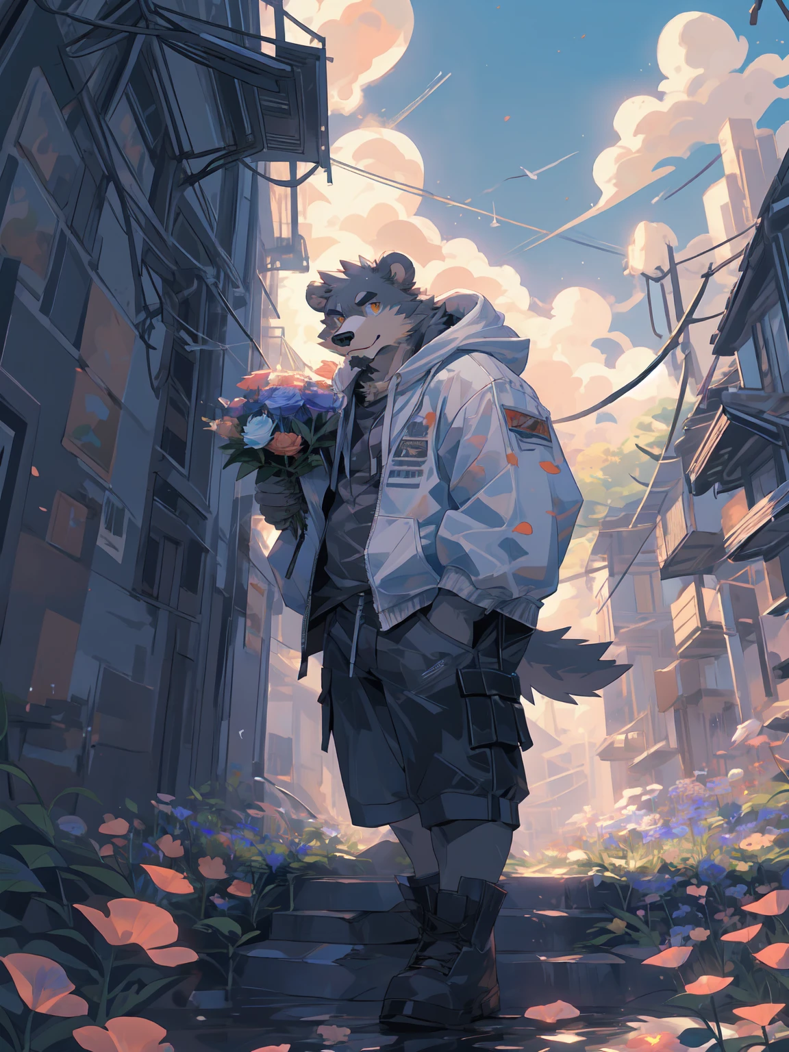 ultra-detailed,extremely detailed and beautiful, sky and white cloud and sunset glow background,ultra-detailed birds, (floating city in bloom, Floating petals, blooming gardens in the sky, many vines on the wall:1.2),Imagination,(masterpiece:1.2), best quality,pixiv,official art,perfect anatomy, (Ray tracing, light),solo, (1_male:1.3) , (muscle), (grey fur:1.4), (muscle bear), (beard:1.2), (gleaming golden eyes), bear tail,Thick black eyebrows,(open hoodie :1.3),(naked inside:1.2),cargo shorts, (pure white background: 1.3), looking at viewer,dynamic pose, (holding a bouquet:1.3),(flower:1.3),(leaves:1.3),(portrait:1.3)