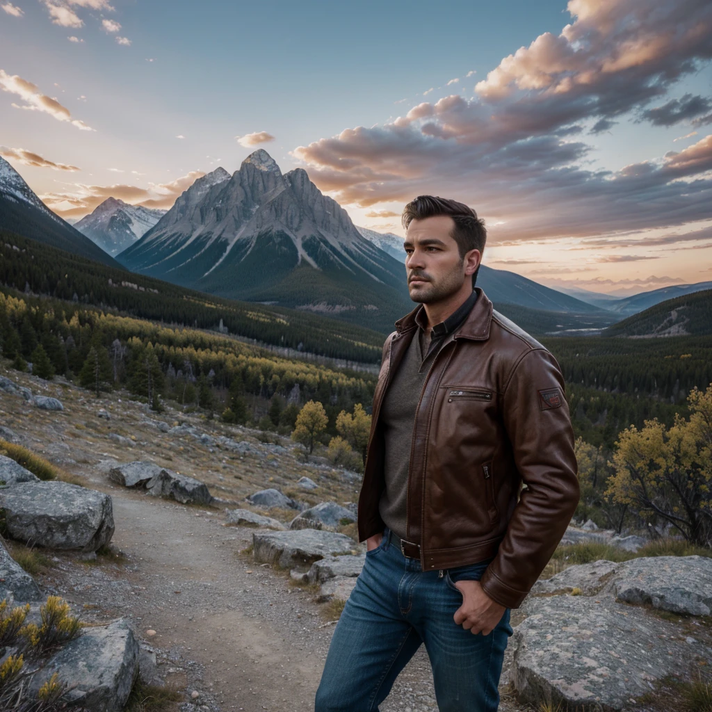 ((masterpiece, high quality, best quality)), (sharp lines:1.2)(clear line:1.2),Realistic, Hyperrealism, lifelike realistic photography, , Portrait shot, Realistic, Hyperrealism, Extremely Detailed Face And skin, Handsome mountain climber man with leather jacket, blue jeans, high boots, rocky mountains, amazing view, woods, springs, sunset, pink clouds, short cut hair, 55 years old.