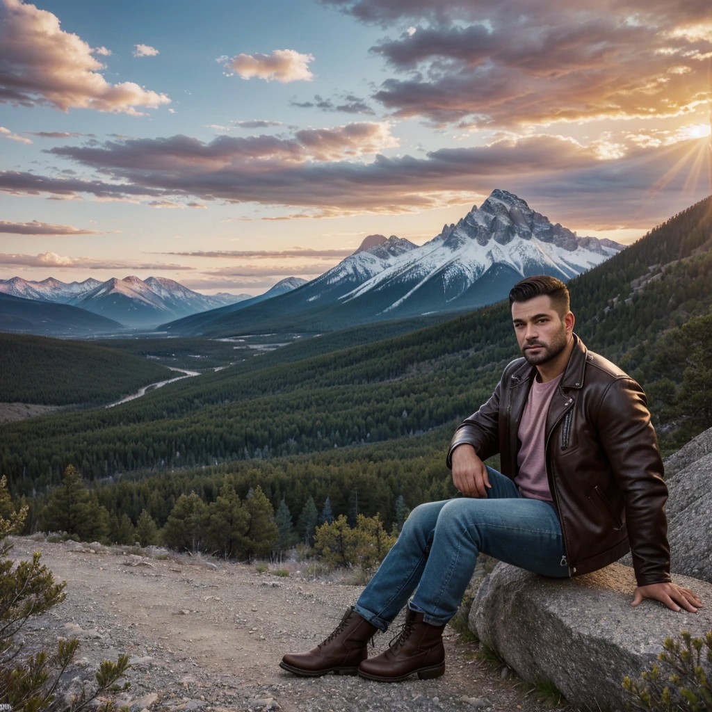  ((masterpiece, high quality, best quality)), (sharp lines:1.2)(clear line:1.2),Realistic, Hyperrealism, lifelike realistic photography, ,  Portrait shot, Realistic, Hyperrealism,  Extremely Detailed Face And skin, Handsome mountain climber man with leather jacket, blue jeans, high boots, rocky mountains, amazing view, woods, springs, sunset, pink clouds, short cut hair, 55 years old. 