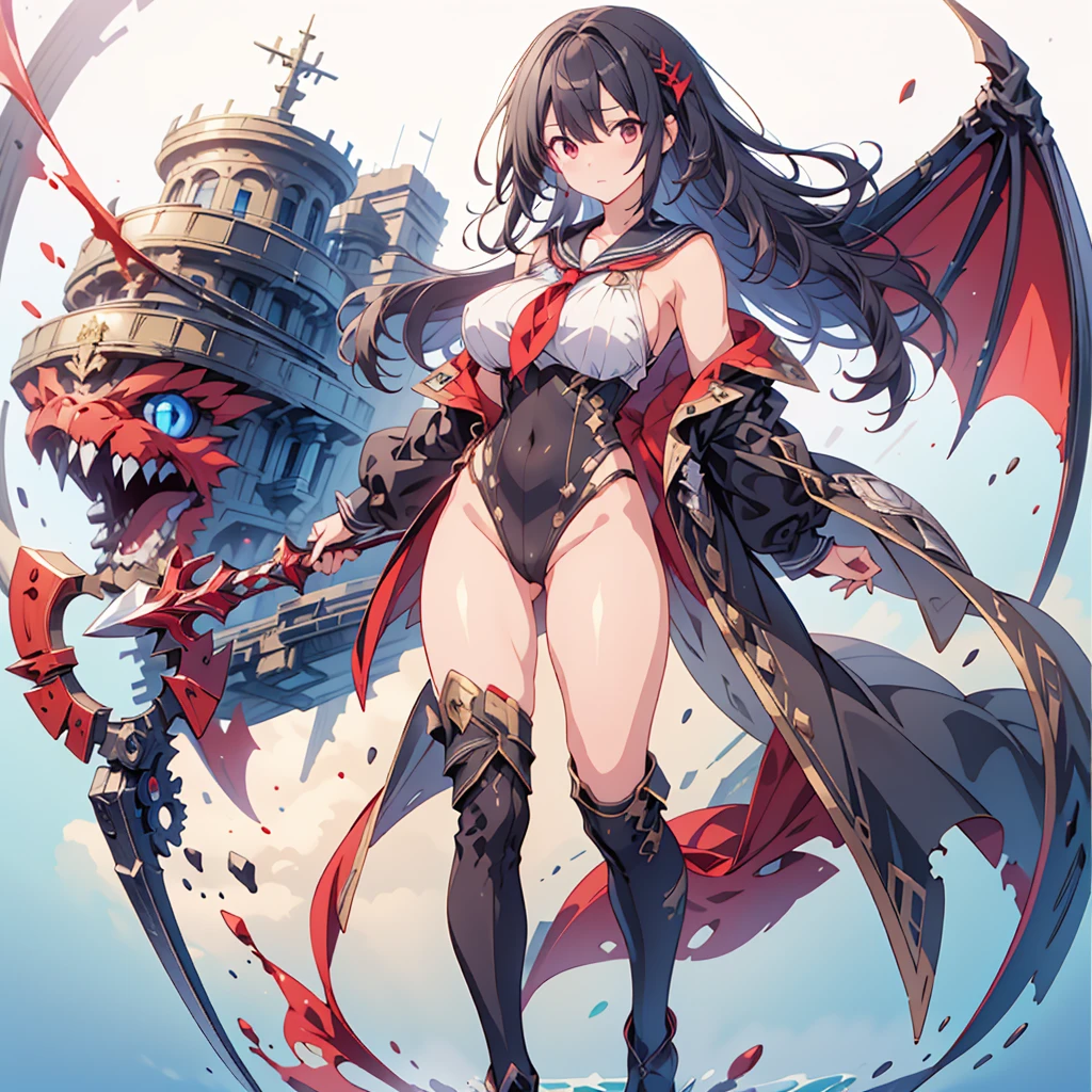 (masterpiece, Highest quality), (perfect athletic body:1.2), (Thin Hair), 非常にdetailedな, Anime Style, whole body, alone, Black Sailor Suit, Vampire Hunter、Huge black and red sword、 Black hair and brown skin, High Boots,Floating in the blue sky, High heel boots, 8K high resolution, White Background, whole body,Super huge、detailed、dynamic、