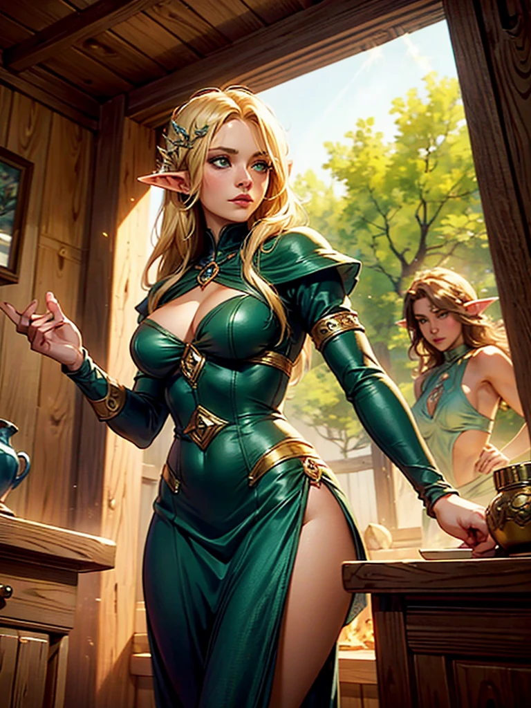 (masterpiece, high resolution:1.ortrait of a blonde elven woman with green eyes:1.2), (her long flowing hair cascading to the floor:1.1), (Sony Alpha 7S III camera, renowned for exceptional low-light performance:1.2), (paired with the Sony FE 85mm f/1.4 lens:1.2), (the elfa dressed in a short, form-fitting attire accentuating her ample bosom and slender figure:1.1), (her stunning and flawless physique captivating the eye:1.1), (the focus of the photo is on the mesmerizing elven woman:1.1), (a gentle Gaussian effect adding a touch of ethereal charm to the prompt:1.1), (the wooden cabin, a medieval marvel, providing a rustic and enchanting setting:1.1), (the cabin constructed from sturdy timber logs:1.1), (intricate carvings adorning the wooden walls and beams:1.1), (a thatched roof protecting the cabin from the elements:1.1), (small, charming windows allowing soft rays of sunlight to filter in:1.1), (a stone hearth providing warmth and a cozy ambiance:1.1), (the cabin interior furnished with but elegant wooden furniture:1.1), (a warm and inviting atmosphere embraced by the wooden cabin's natural beauty:1.1), (the elven woman gracing the cabin with her ethereal presence:1.1), (the focus on her captivating gaze and radiant smile:1.1), (a moment captured in time, where fantasy and reality intertwine:1.1), (a captivating portrayal of an enchanting creature in a quaint medieval abode:1.1), (the play of light and shadow enhancing the scene's mystical allure:1.1), (a perfect harmony of the natural world and the elven realm:1.1), (a captivating photo that invites viewers into a world of magic and wonder:1.1), (the elfa embodying the grace and beauty of mythical beings:1.1), (an image that captivates the imagination and awakens the spirit of fantasy:1.1), (a timeless representation of a magical encounter in a medieval setting:1.1), (the Gaussian effect adding a dream-like quality to the image, enhancing its allure:1.1), (elven ears:0.4)
sultry look, seductive,