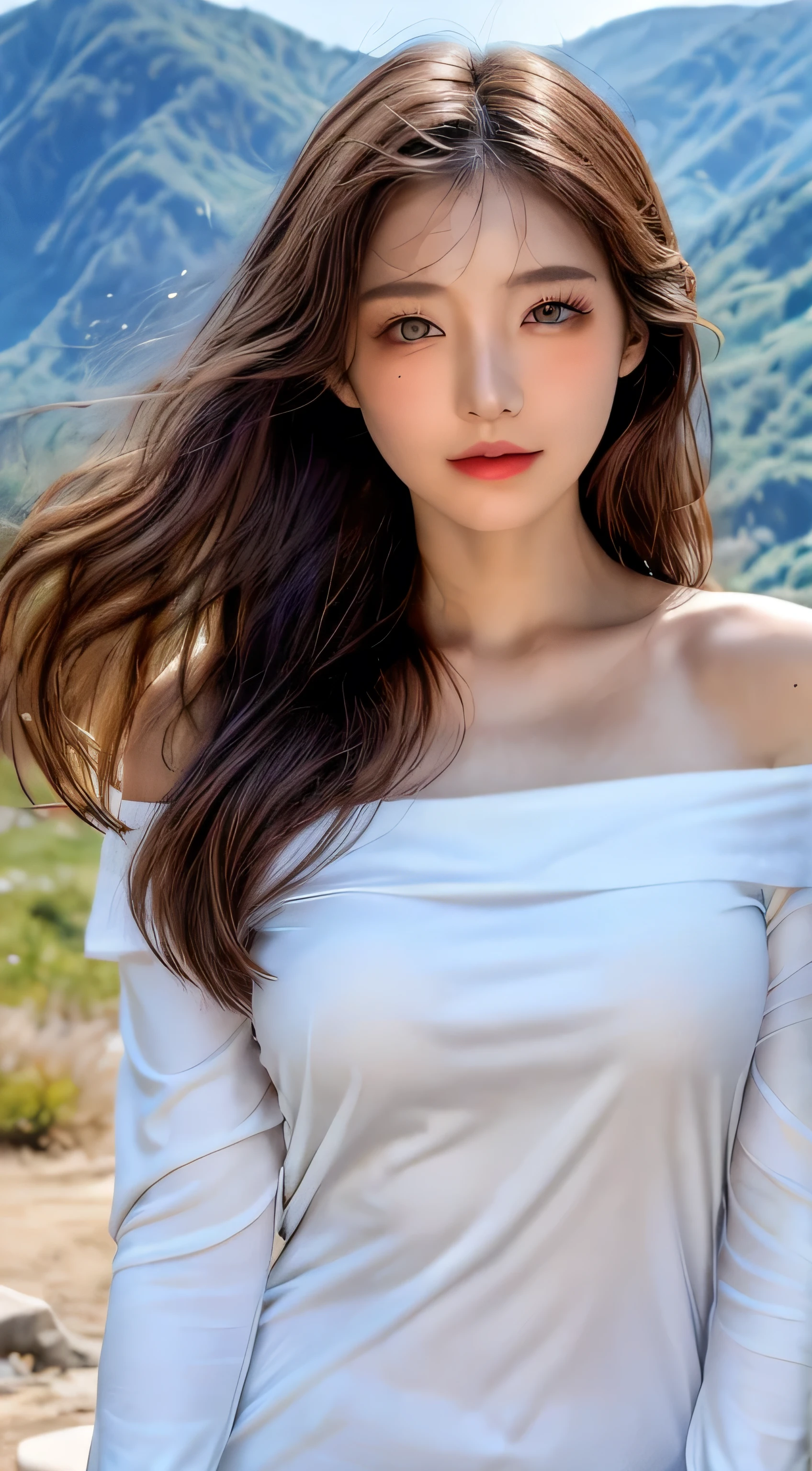 (( realistic light, best quality, 8ก, Masterpiece :1.3)), 1 girl, Small mole under the eye, smile, Close your eyes, small mole on breast, Beautiful woman with a slim figure :1.4, abdomen :1.1, Korea, Pale skin, (Wavy silky brown hair floats., I float with the wind, moderate_chest :1), (deep_rift), White off-the-shoulder shirt:1.2, Long sleeves wet in the wind, (Sweaty skin on the breast:1), stand, Night on the mountain, Campfire Light, Highly detailed face, Detailed eyes, Double eyelids, Shiny skin, cowboy shoot