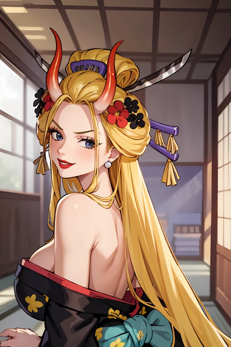 (masterpiece, best quality:1.2), solo, 1girl, blackmaria, lipstick,seductive smile, looking back, hair stick, hair flower, horns, v-shaped eyebrows, japanese clothes, black kimono, off shoulder, earrings, bare shoulders , room, big breasts,
