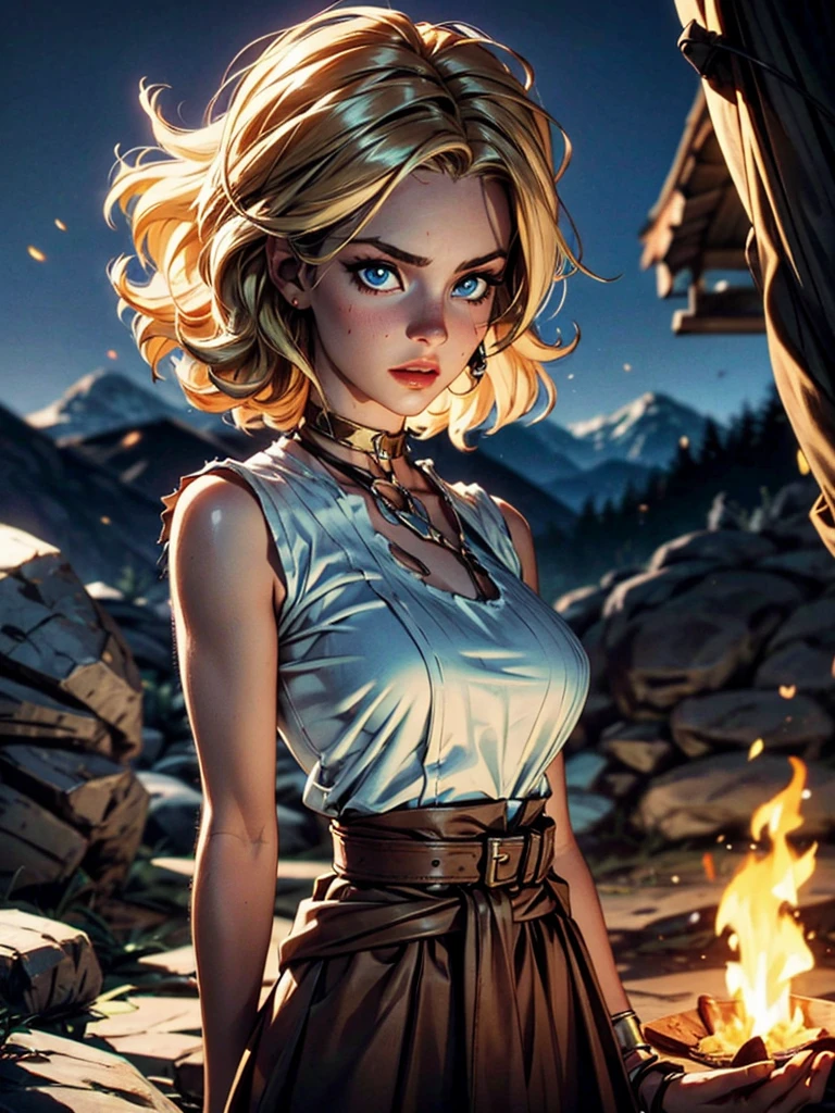 portrait of a gorgeous European blonde woman, age 23, wavy hair.
She's dressed up in an old, dirty, torn white cotton shirt. Below, a wide brown high-waisted skirt. She wears a leather cartridge belt around her waist. A brown dusty cowboy hat on her head.
She’s standing at night, in a dark cave, only lit by wood torches.
perfect eyes, perfect hands, perfect body, perfect hair, perfect breast, hair behind ear, blurry foreground, UHD, retina, masterpiece, accurate, anatomically correct, textured skin, super detail, high details, high quality, award winning, best quality, highres, 16k, 8k,
sultry look, seductive,