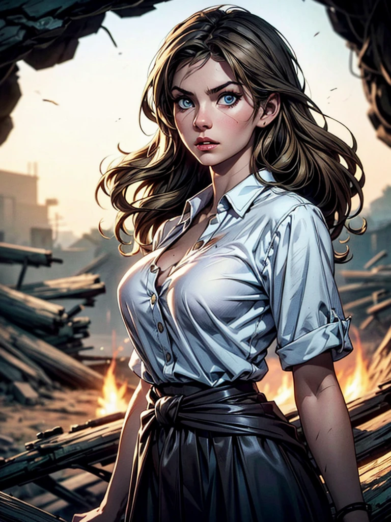 portrait of a gorgeous European blonde woman, age 23, wavy hair.
She's dressed up in an old, dirty, torn white cotton shirt. Below, a wide brown high-waisted skirt. She wears a leather cartridge belt around her waist. A brown dusty cowboy hat on her head.
She’s standing at night, in a dark cave, only lit by wood torches.
perfect eyes, perfect hands, perfect body, perfect hair, perfect breast, hair behind ear, blurry foreground, UHD, retina, masterpiece, accurate, anatomically correct, textured skin, super detail, high details, high quality, award winning, best quality, highres, 16k, 8k,
sultry look, seductive,