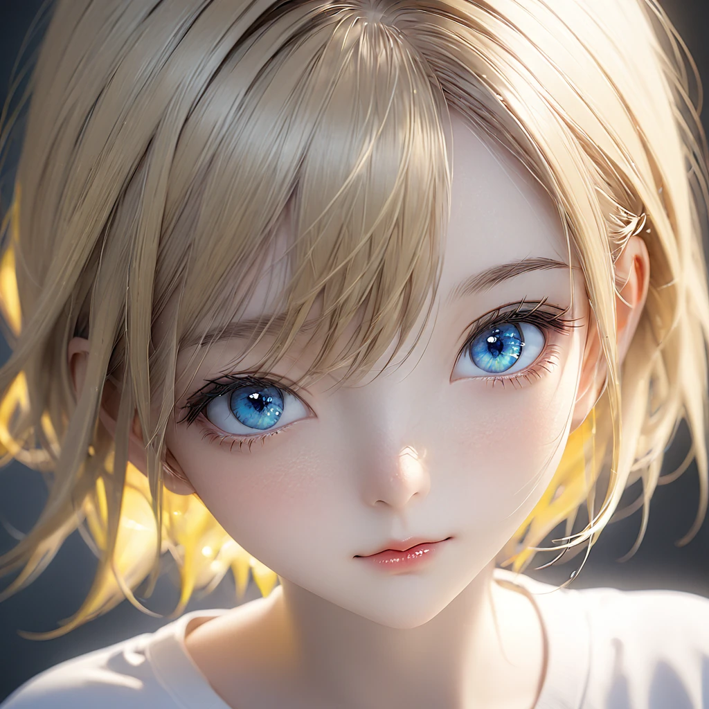 portrait, Practical, blue eyes, Blonde hair, Mid-chest, 4K resolution, High quality CG, Beautiful CG, Soft Light, Octane Rendering, white t-shirt, front, direct gaze, frontal view, straight angle shot