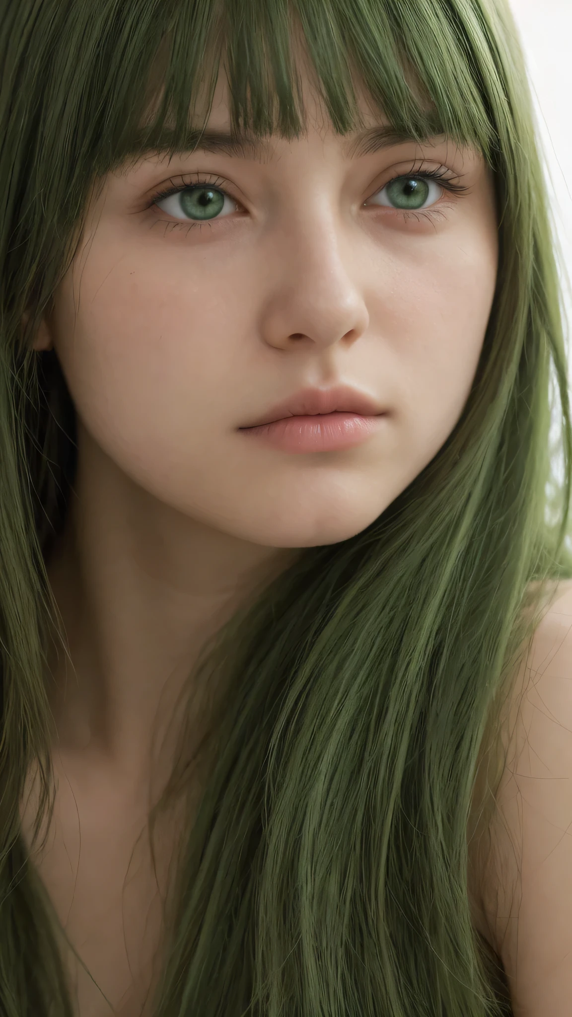 a girl. Europe. Extremely detailed face. Oval face. delicate facial features. half-closed eyes. long straight hair. messy hair. bangs. green hair. green eyes. angry. shy. straight face