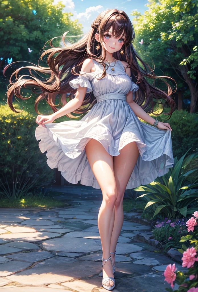 A beautiful girl walking in a garden while contemplating the flowers, anime girl, (20 year old girl:1.3), beautiful garden full of flowers and trees, blue sky with white clouds, butterflies around, cute elegant dress, short sleeves, shows shoulders, heels, jewelry, (earrings, necklace, bracelet), big round breasts, dark brown hair, french braid, long hair, ponytail, wavy hair, swept bangs, shiny hair, hairclip, hair ribbon, aqua eyes, glowing eyes, pupils sparkling, light smile, blush, happy, red lips, detailed face, slim waist, shapely legs, beautiful thighs, perfect body, princess dress, anime CG style, high definition, natural light, high detail, anime, dithering, from behind, three quarter view, image fill, perspective, Wide-Angle, f/1.8, 85mm, Sony FE GM, 8k, 8k wallpaper, super detail, highly detailed CG, UHD, retina, masterpiece, accurate, anatomically correct, textured skin, highres, best quality:1.3, 16k