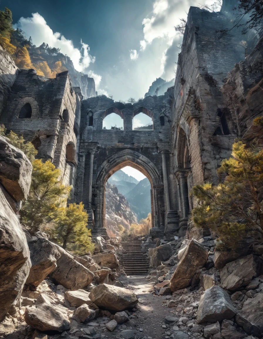 over a snowy mountain landscape on a flying rock the ruins of a destroyed brick elegant viaduct night space milky way coniferous trees many small details gothic filigree colorful gloomy professional photo HDR hyper detail realistic CGI high resolution quality precision clarity sharpness natural f/16 1/250s also 100mm 64К