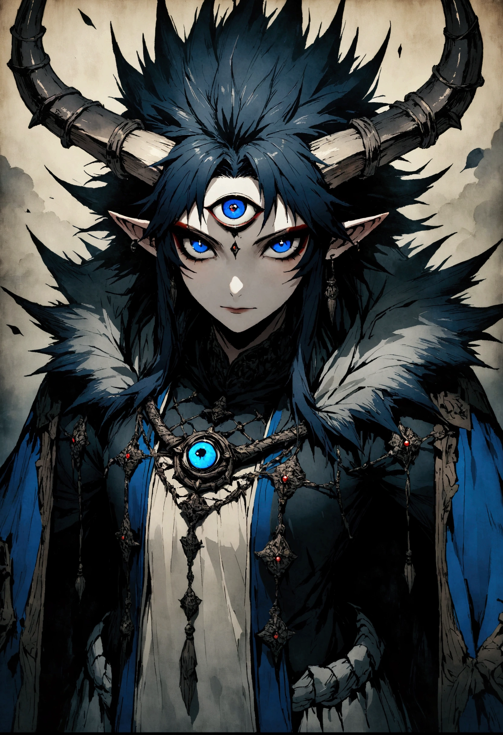 Medieval ink painting，Third Eye Vision。Spiky hair，horn，3d，Dark eyeshadow，whole body，robe，Wide Angle，Black and blue