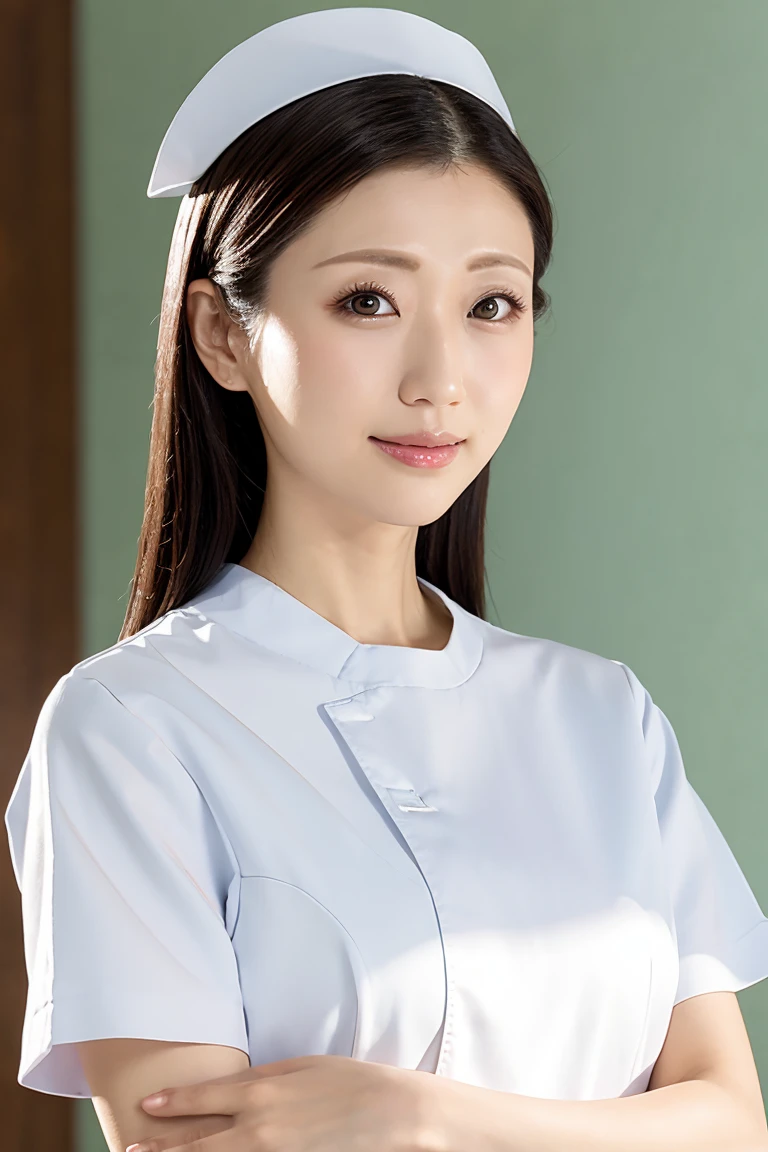 (Tabletop、Highest quality、8k、Award-winning works、Ultra-high resolution)、(one beautiful nurse:1.1)、(Perfect white nurse uniform:1.1)、(White Mask:1.1)、Accurate anatomy、(The background of the hospital room is strongly blurred:1.1)、very bright white lighting、(Face close-up:1.2)、Perfect beautiful makeup、Great cinema lighting、Tyndall effect、Elegantly upright