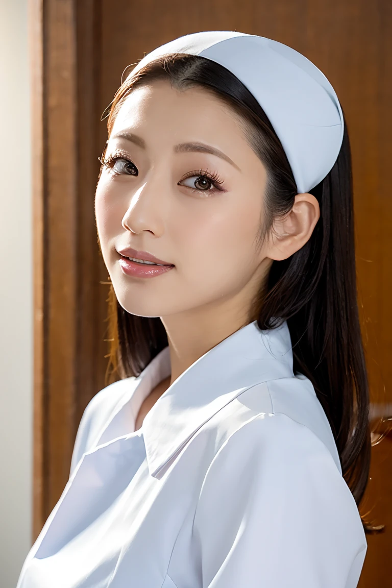 (Tabletop、Highest quality、8k、Award-winning works、Ultra-high resolution)、(one beautiful nurse:1.1)、(Perfect white nurse uniform:1.1)、(White Mask:1.1)、Accurate anatomy、(The background of the hospital room is strongly blurred:1.1)、very bright white lighting、(Face close-up:1.2)、Perfect beautiful makeup、Great cinema lighting、Tyndall effect、Elegantly upright