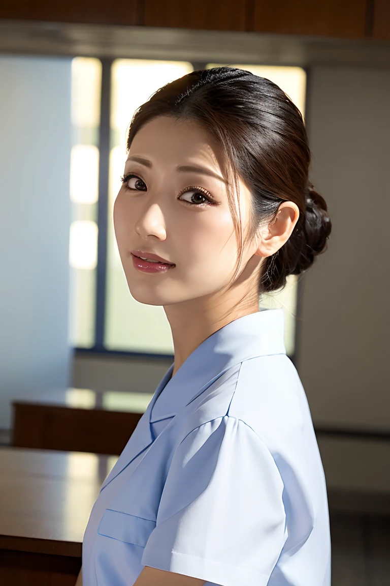 (Tabletop、Highest quality、8k、Award-winning works、Ultra-high resolution)、(one beautiful nurse:1.1)、(Perfect white nurse uniform:1.1)、(White Mask:1.1)、Accurate anatomy、(The background of the hospital room is strongly blurred:1.1)、very bright white lighting、(Face close-up:1.2)、Perfect beautiful makeup、Great cinema lighting、Tyndall effect、Elegantly upright