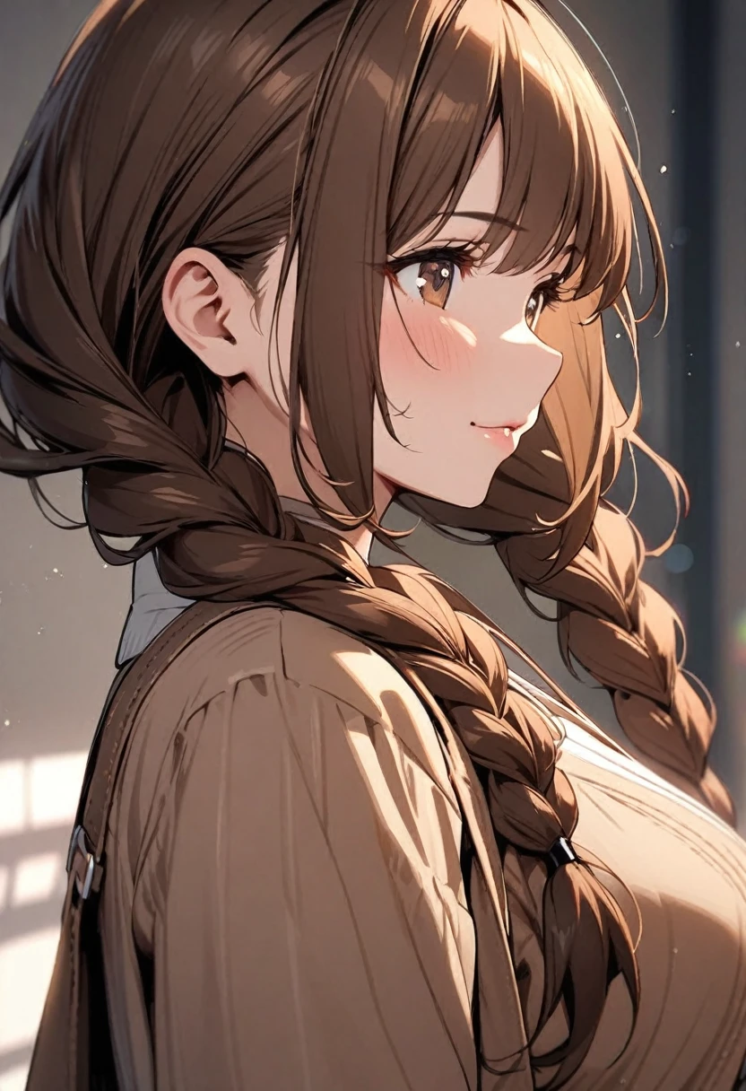 Solo, 1girl, Long Hair, double plait hair, brown hair, brown eyes, cute, mature, high detail, side view