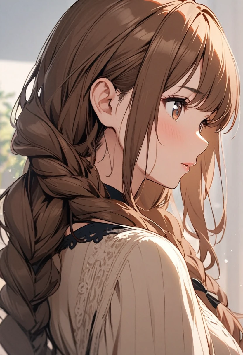 Solo, 1girl, Long Hair, double plait hair, brown hair, brown eyes, cute, mature, high detail, side view