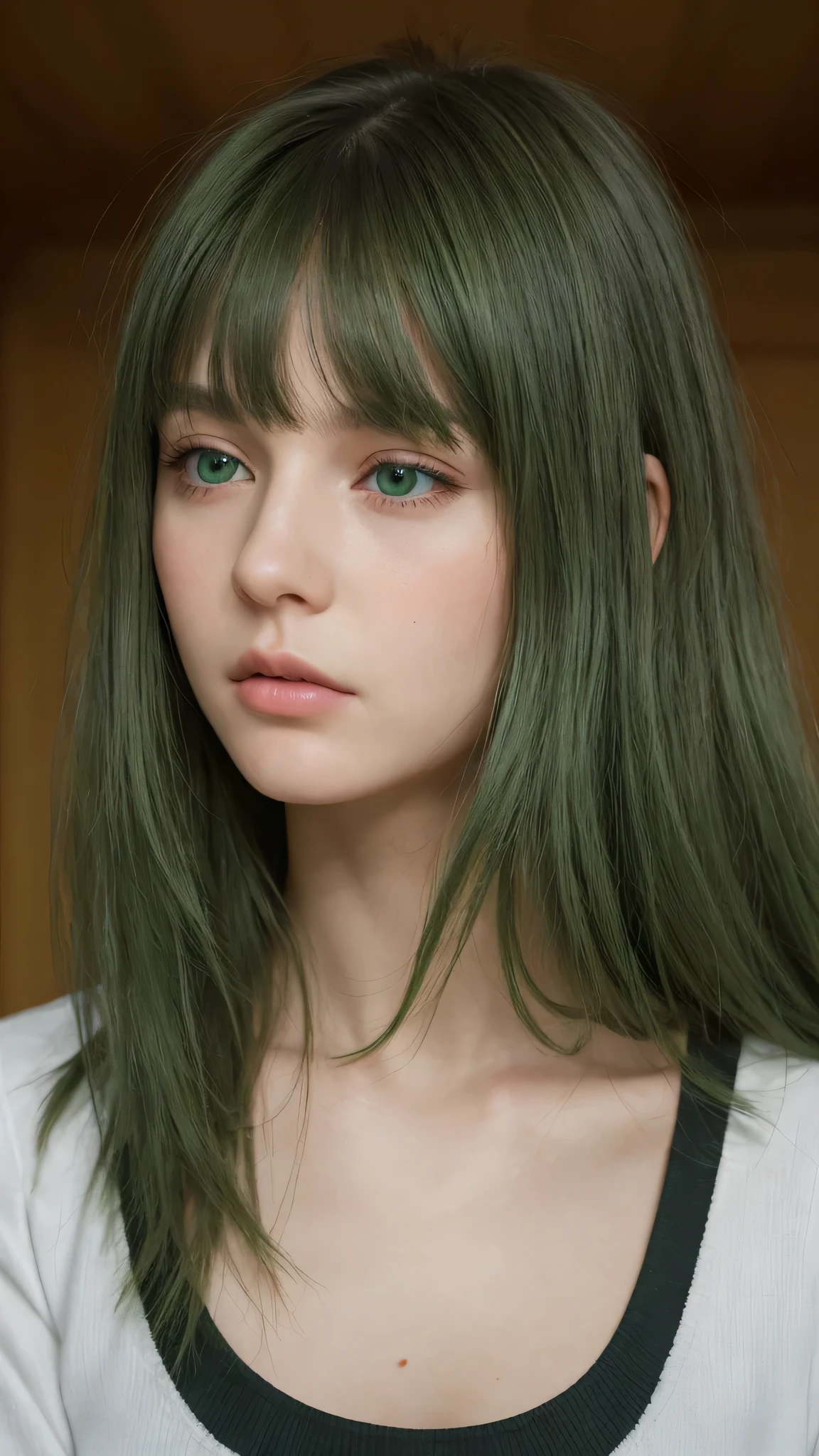 a girl. Europe. Extremely detailed face. Oval face. delicate facial features. half-closed eyes. long straight hair. messy hair. bangs. green hair. green eyes. angry. shy. straight face