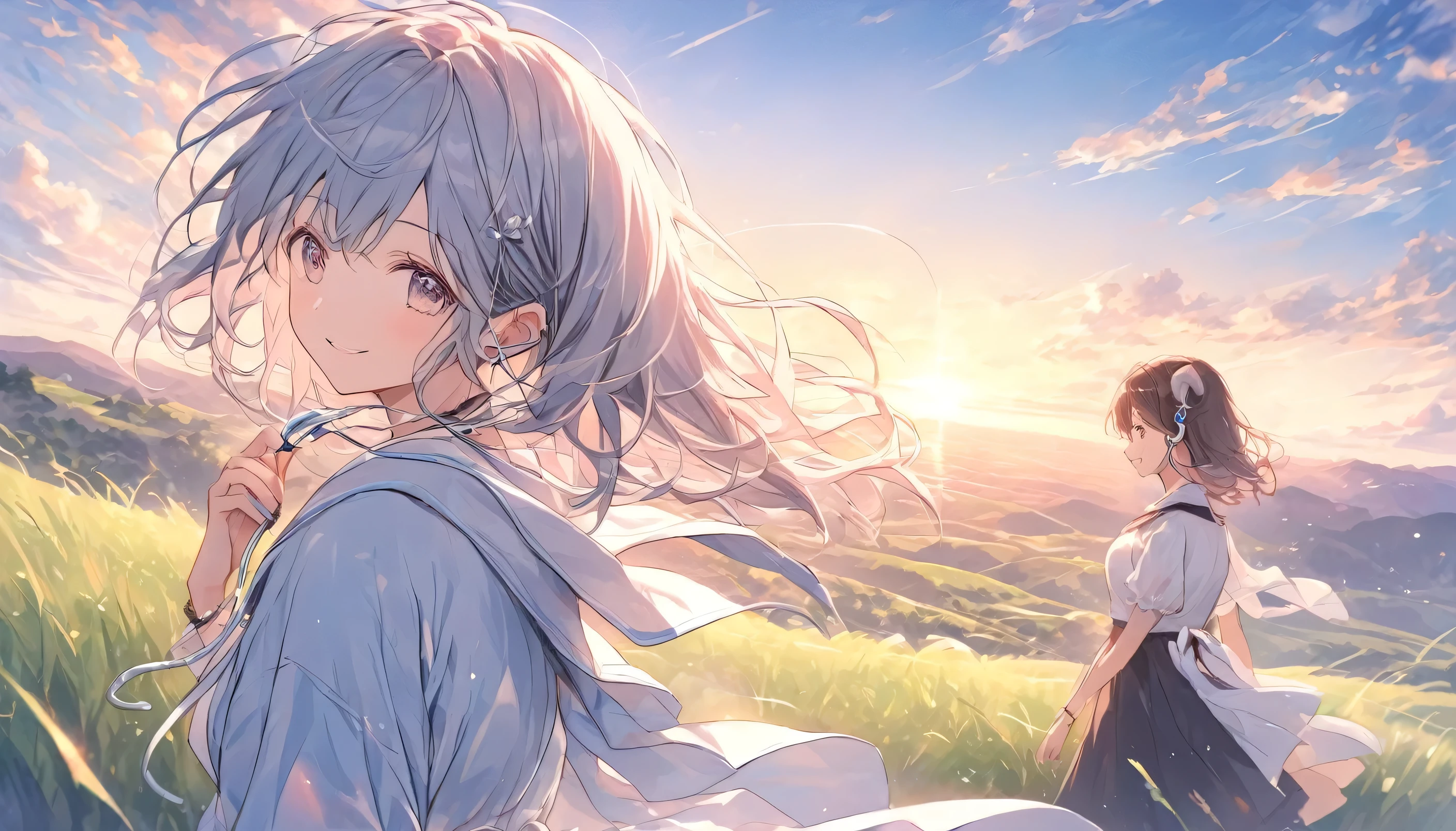 Listening to music with earphones、Smiling woman、A beautiful sunset seen from the plateau、The grass on the plateau sways in the wind。