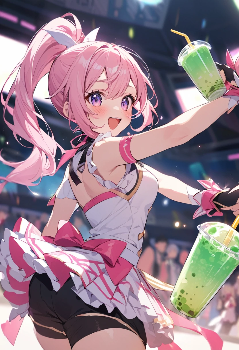 Long soft pink  hair girl, ponytail, idol outfit, grab boba drink
