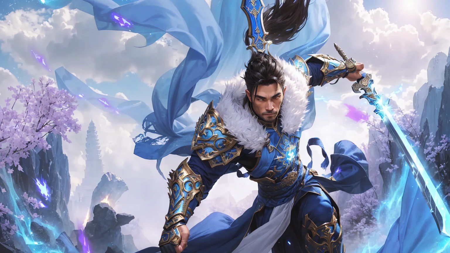 A person wearing blue clothing、Man holding a big knife,Background with sparks muscular but agile hair: Dark Brown, Short-sighted: Piercing blue Skin: weathered, Armor with scars: Unique, Holy Aura, Silver and gold trim, Complex symbols of Cape Alkay: long, flow, blue, Phnom Penh, Arkay Badge Appearance: Ethereal