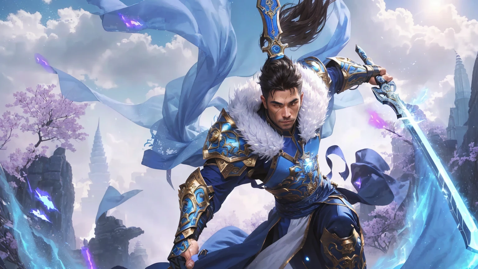 A person wearing blue clothing、Man holding a big knife,Background with sparks muscular but agile hair: Dark Brown, Short-sighted: Piercing blue Skin: weathered, Armor with scars: Unique, Holy Aura, Silver and gold trim, Complex symbols of Cape Alkay: long, flow, blue, Phnom Penh, Arkay Badge Appearance: Ethereal