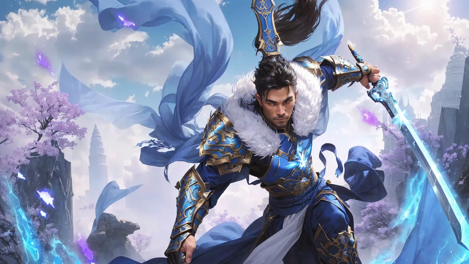 A person wearing blue clothing、Man holding a big knife,Background with sparks muscular but agile hair: Dark Brown, Short-sighted: Piercing blue Skin: weathered, Armor with scars: Unique, Holy Aura, Silver and gold trim, Complex symbols of Cape Alkay: long, flow, blue, Phnom Penh, Arkay Badge Appearance: Ethereal