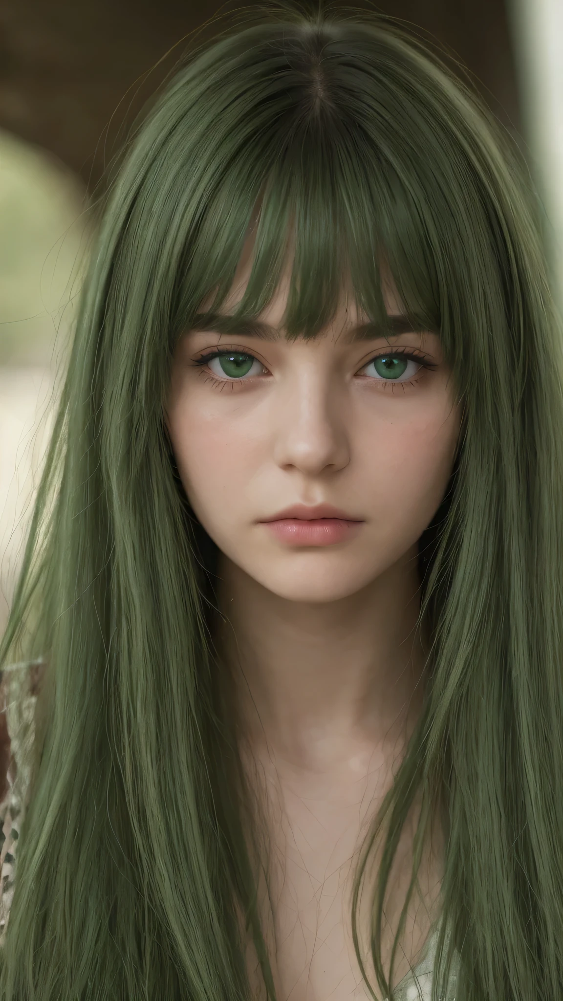 a girl. Europe. Extremely detailed face. Oval face. delicate facial features. half-closed eyes. long straight hair. messy hair. bangs. green hair. green eyes. angry. shy. straight face