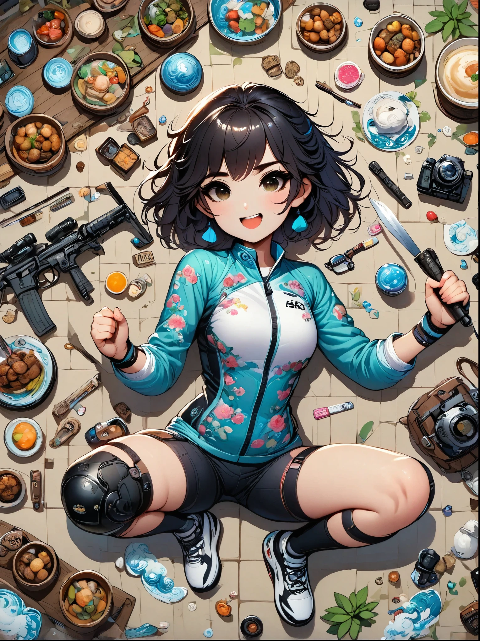 Asian face young girl, laughing expressin, Perfect body, road bike clothing, gear and accessories, knolling layout organized on a table, person,knolling, Cartoon, Simple Background