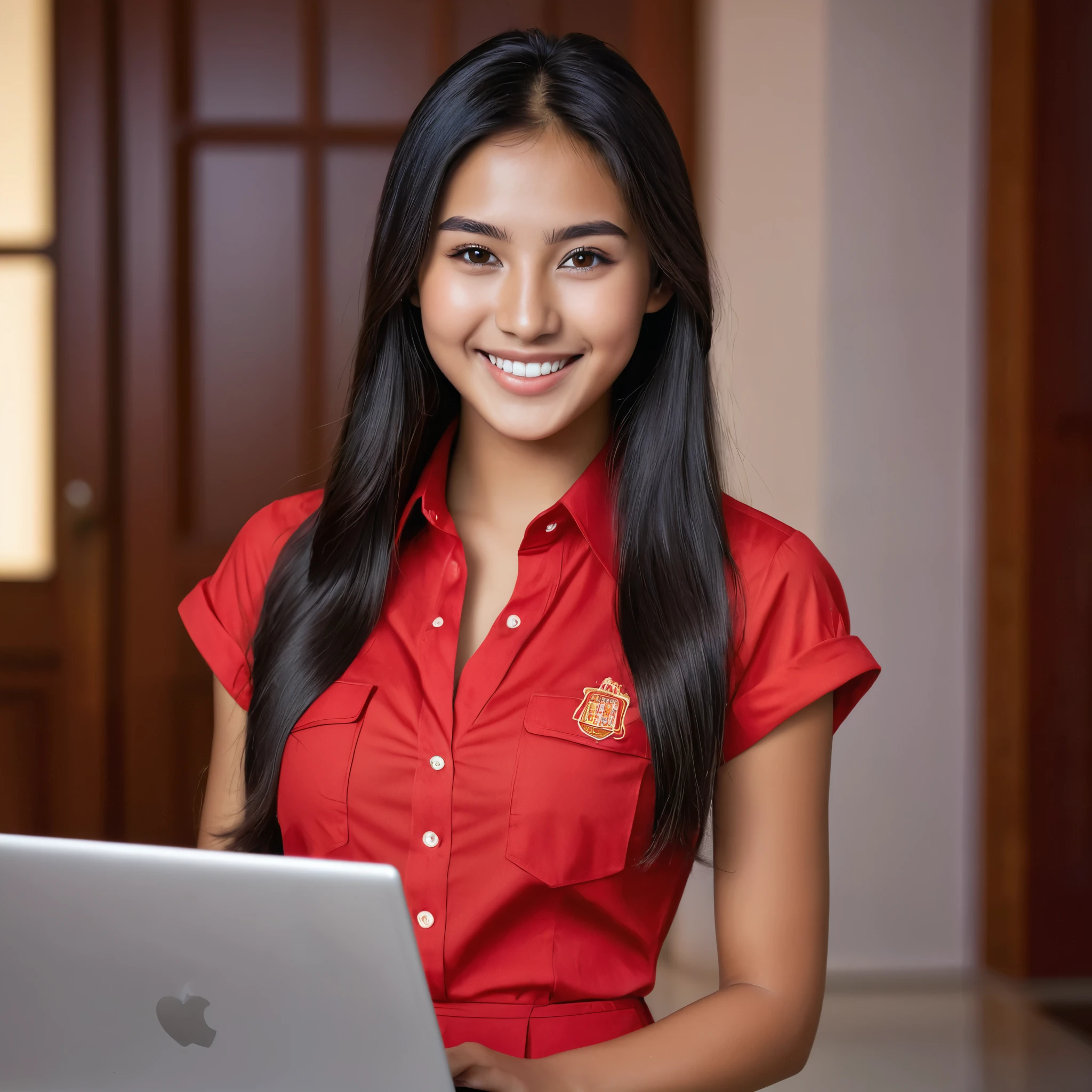 an 18-year-old (Indonesian:0.5)-(Spanish:1.5) girl, full smile, Long flowing Black Hair, Brown Eyes, Almond shaped Eyes, Heart shaped Face, Roman Nose, Olive Skin, detailed skin, no makeup, natural look, (blemish:0.8), imperfect skin, long legs, (tall figure:1.5), (athletic fit-muscled body:1.5), defined abs, large breasts, cleavage breasts, (1girl:1.9), (18-year-old:1.9), (red business shirt-dress:1.9), cinematic shot in 8k HDR, emphasizing elegance and professionalism, (sitting using a laptop:1.5), happy expression, (office setting, red wall:1.2), desk, chair, natural lighting, photorealistic, (best quality,4k,8k,highres,masterpiece:1.2),ultra-detailed,(realistic,photorealistic,photo-realistic:1.37),HDR,UHD,studio lighting,ultra-fine painting,physically-based rendering,extreme detail description,professional,vivid colors,bokeh,digital art, (sharp focus:1.9).