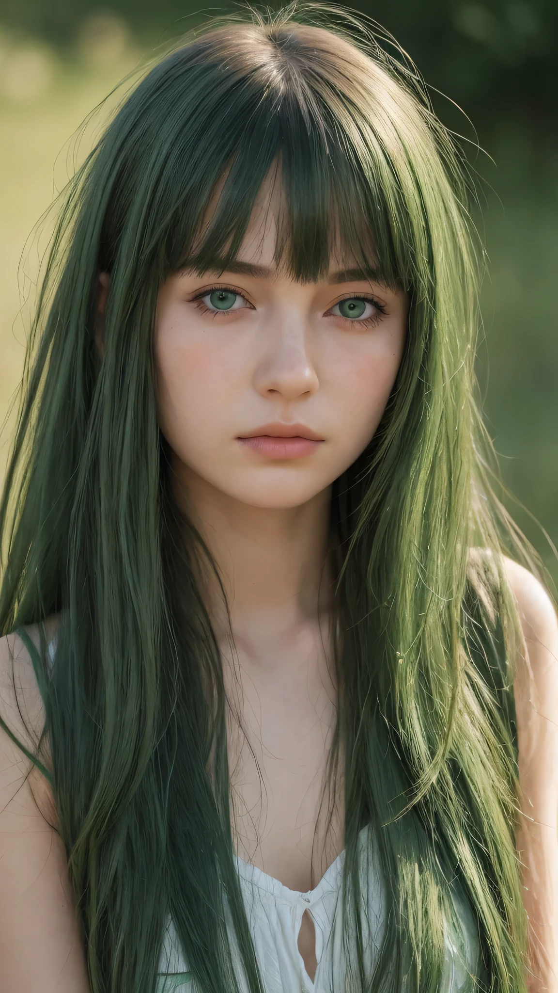a girl. Europe. Extremely detailed face. Oval face. delicate facial features. half-closed eyes. long straight hair. messy hair. bangs. green hair. green eyes. angry. shy. straight face