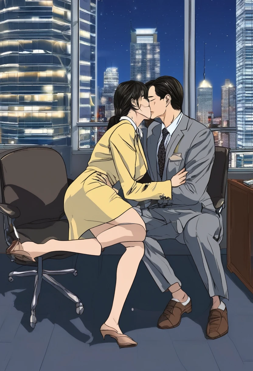 Beautiful woman crying wearing an office lady suit open button visible breasts visible niple wering mini skirt open legs no panties、(Kissing a beautiful middle-aged man in a suit:1.1) touch woman breasts and ifting the woman's skirt, her panties were visible、(In an empty office)、(A detailed face:1.5)、The background is a window with a view of a skyscraper、(Night:1.6)