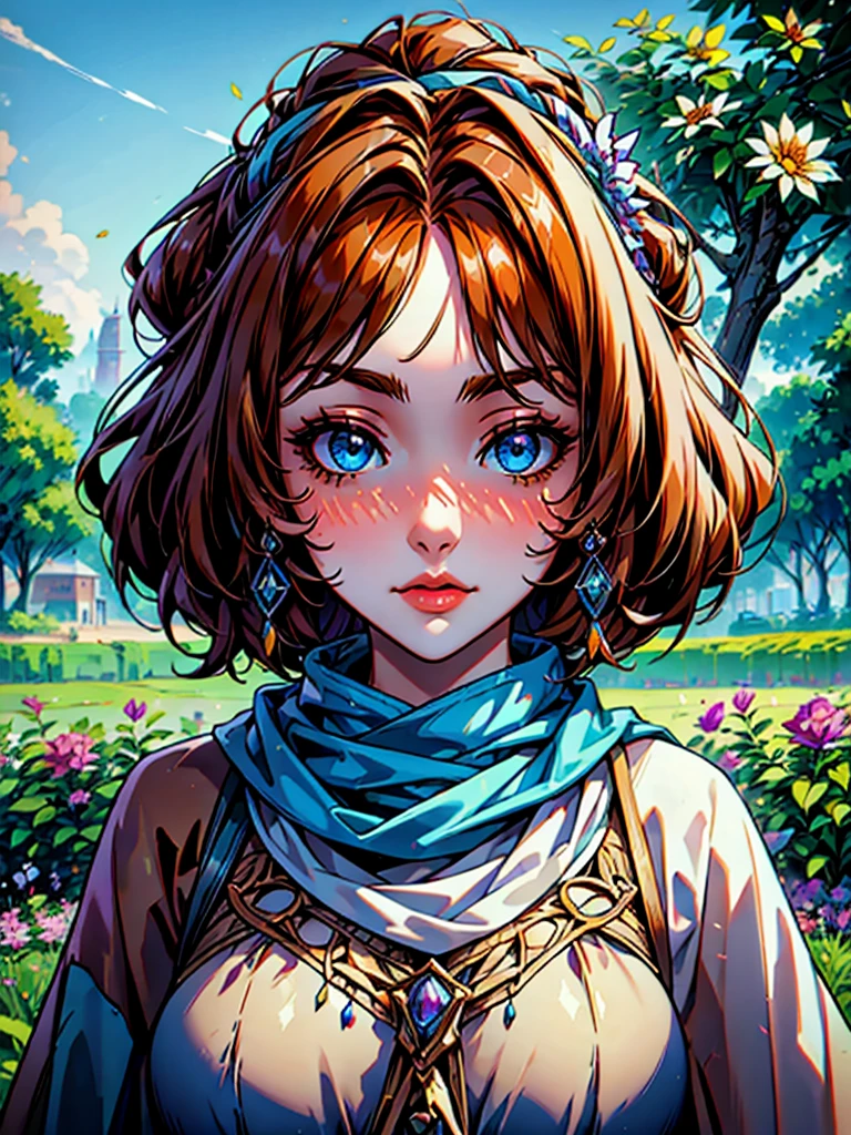 masterpiece, best quality, depth of field, HDR, intricate, absurdres, gorgeous, (detailed face), (((female peasant))) is gardening, pitchfork, nice atmosphere, enthusiastic facial expression, flower, sky, 1girl, outdoors, tree, blush, brown hair, blue eyes, day, looking at a viewer, head scarf,
 sultry look, seductive,
