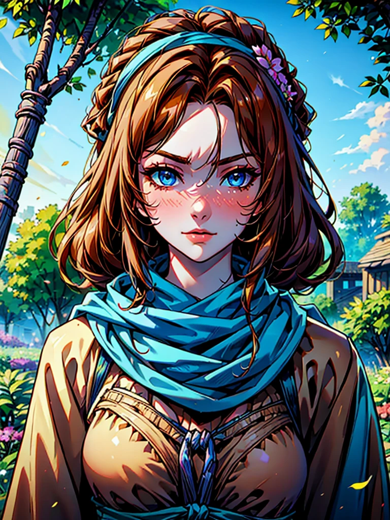 masterpiece, best quality, depth of field, HDR, intricate, absurdres, gorgeous, (detailed face), (((female peasant))) is gardening, pitchfork, nice atmosphere, enthusiastic facial expression, flower, sky, 1girl, outdoors, tree, blush, brown hair, blue eyes, day, looking at a viewer, head scarf,
 sultry look, seductive,
