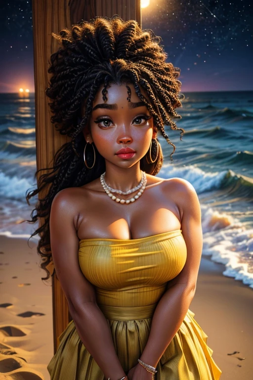 Requests
Copy prompts
((best quality)), ((Artwork)), (detailded), high qualiy, best quality, blackw, drapery, Africana, curly longhair, beautiful strong woman, olhos detaildeds , 18 years old, thick eyebrow, beautiful and soft makeup, fat moana, facial expression pouting, taking selfie, long yellow skirt, Strapless dress, Pearl necklace, looking to the down, background field beach at night, pearl earrings