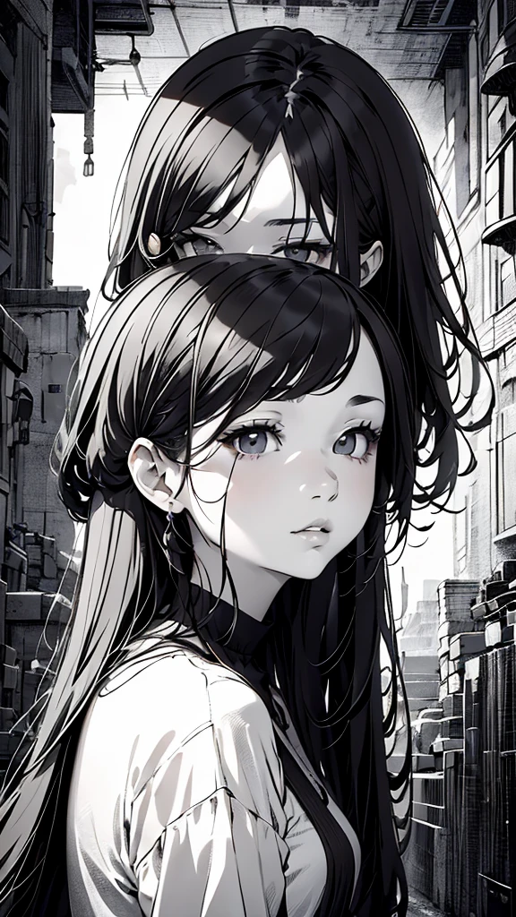 (8K, Best Quality, Masterpiece, Ultra High Resolution) Single Person, 1 Girl, Young, Child, Cute Eyes, Face Details, Pale Skin, Slender, Short, Flat Chest, Dark Black Hair, Long Hair, Blue Eyes, Hair Bow, Dark Alleyway, Best Quality, Upper Body, Looking at the Viewer, Facing Viewer, Close Up