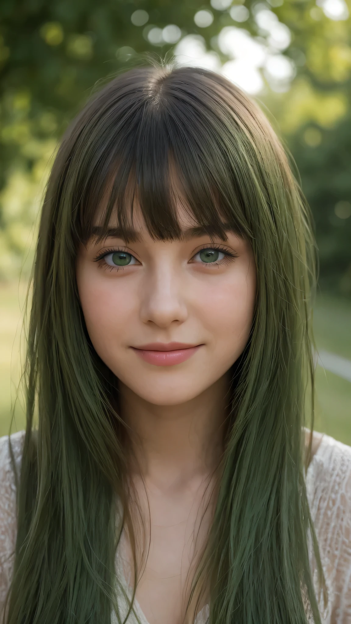 a girl. Europe. Extremely detailed face. Oval face. delicate facial features. half-closed eyes. long straight hair. messy hair. bangs. green hair. green eyes. laugh. shy. straight face