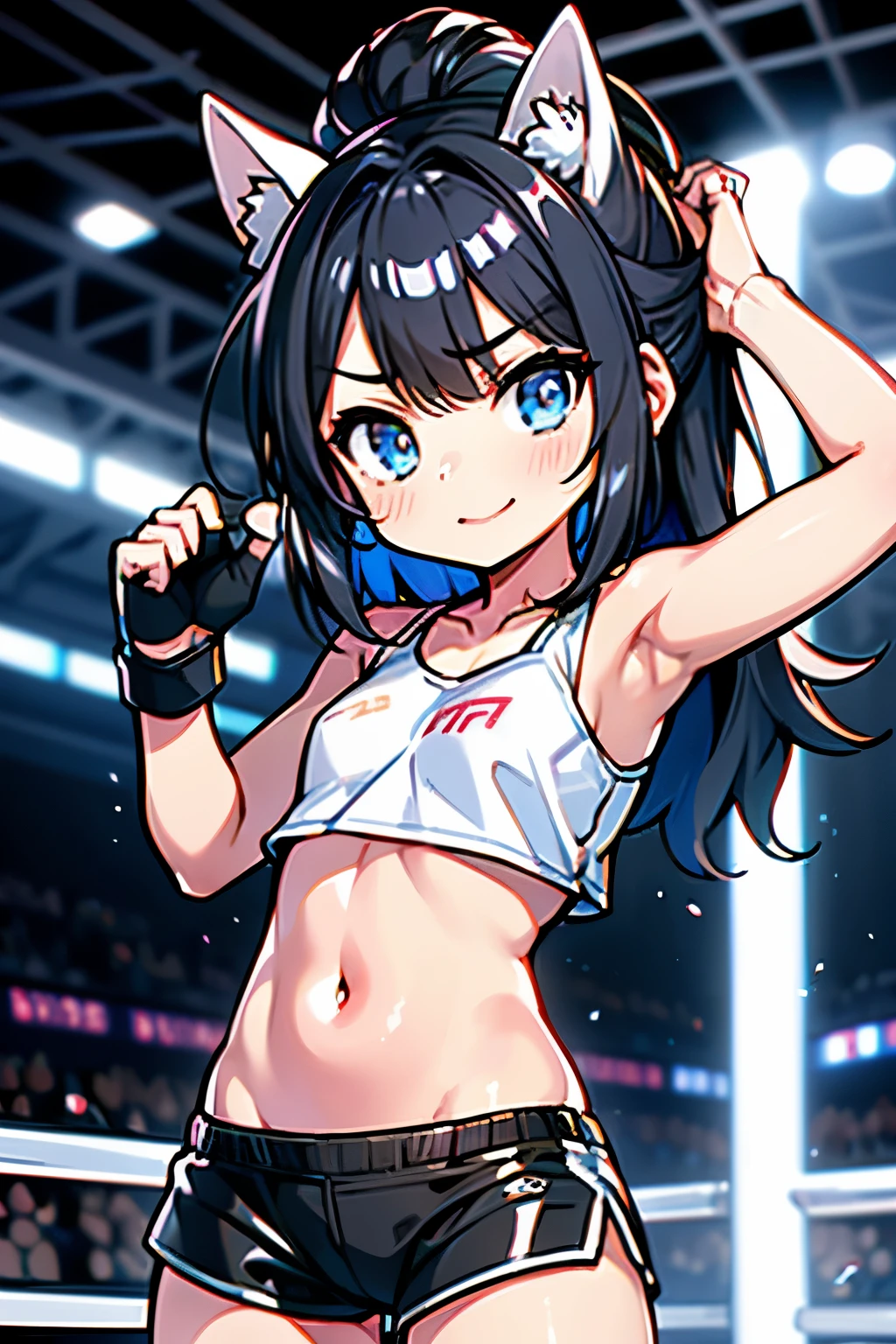 Cute  girl with skirt belly punch in the corner of the ring,((masterpiece)),long hair,beautiful white skin、 ((charming))、happy smile、perfect proportions、(((Kickboxing)))、(((Mixed wrestling))), cute woman, baby face, BREAK source_anime, high detail, looking at viewer,POV, large chest, best quality, highly detailed, young face, white background,Droopy eyes,relaxed face,she attacks,frilly skirt,heart hair ornament