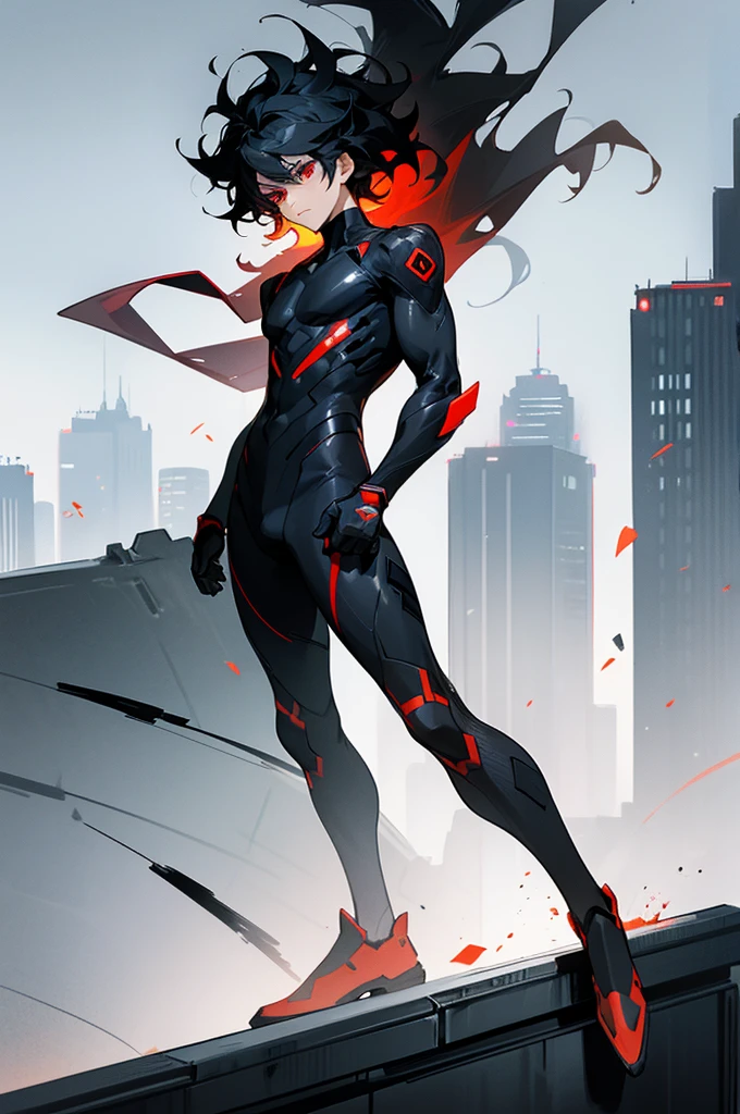1male, black hair, wild hair, two toned hair, red eyes, full body combat suit, angered expression, black suit, white two toned suit, city background, standing on building, hands behind back